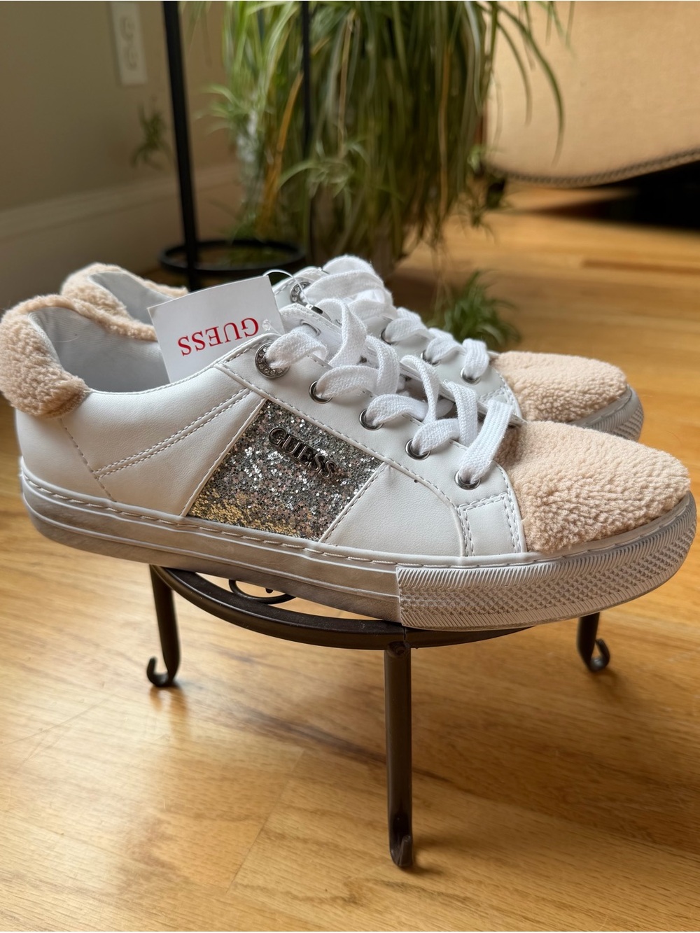 GUESS Women’s White Glitter Accent Teddy Trim Sneakers